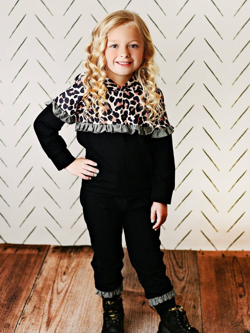 Girls Black Two-Piece Set with Leopard & Ruffle Trim Adorable Sweetness